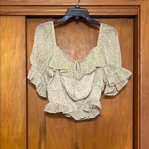 Bohemian Boho Light Yellow Floral Milk Maid Top Tie Front Short Sleeve Feminine